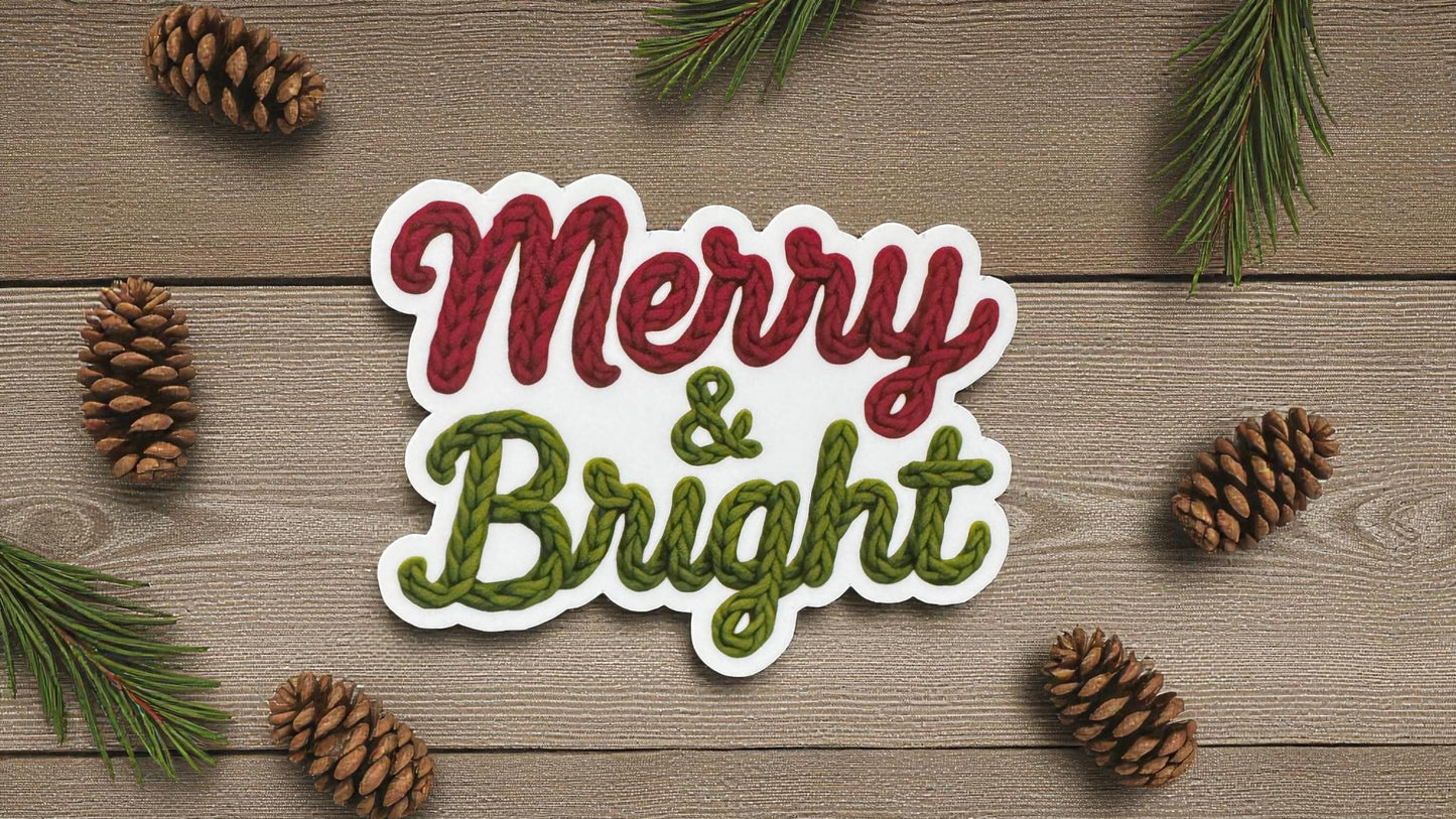 Merry & Bright crocheted Christmas sticker with cozy holiday design, featuring festive vinyl and hygge-inspired aesthetic by Forcebuilder