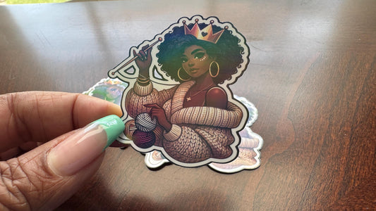 Crochet Queen Sticker – Curly Hair, Crown & Cozy Vibes | Crafty Black Girl Sticker | Yarn Lover Gift | Waterproof Vinyl Sticker