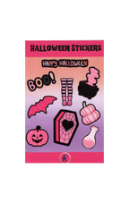 Pink pastel Halloween sticker sheet featuring cute orange spooky stickers for planners, journals, scrapbooking, and laptop decor.