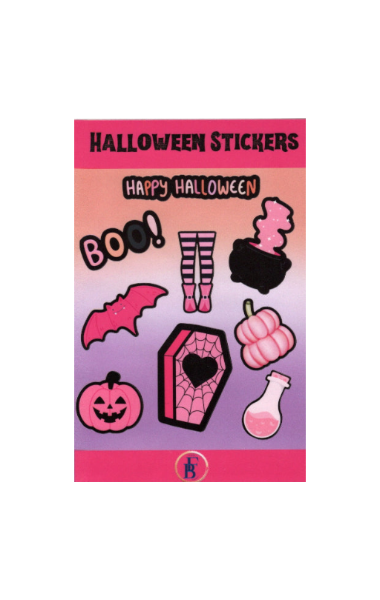 Pink pastel Halloween sticker sheet featuring cute orange spooky stickers for planners, journals, scrapbooking, and laptop decor.