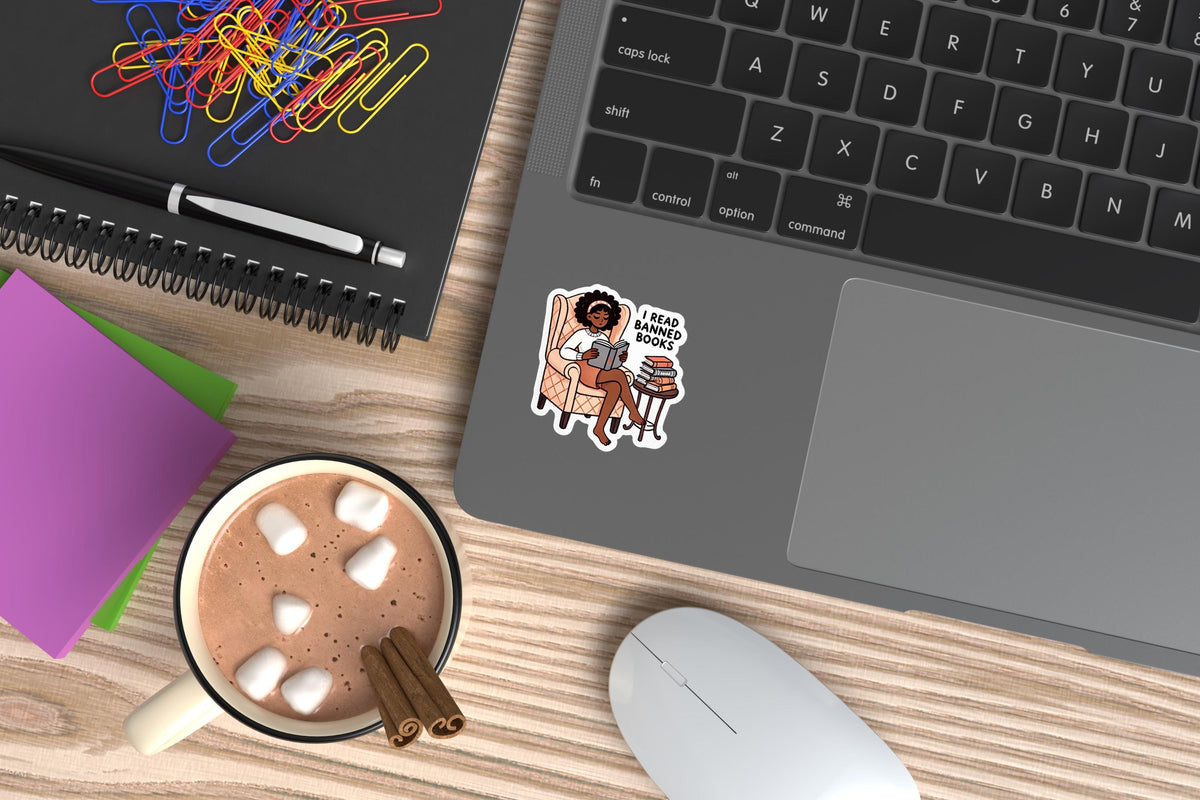 Black girl reading with book stack sticker, waterproof vinyl design, perfect for book lovers and fans of banned books aesthetics.