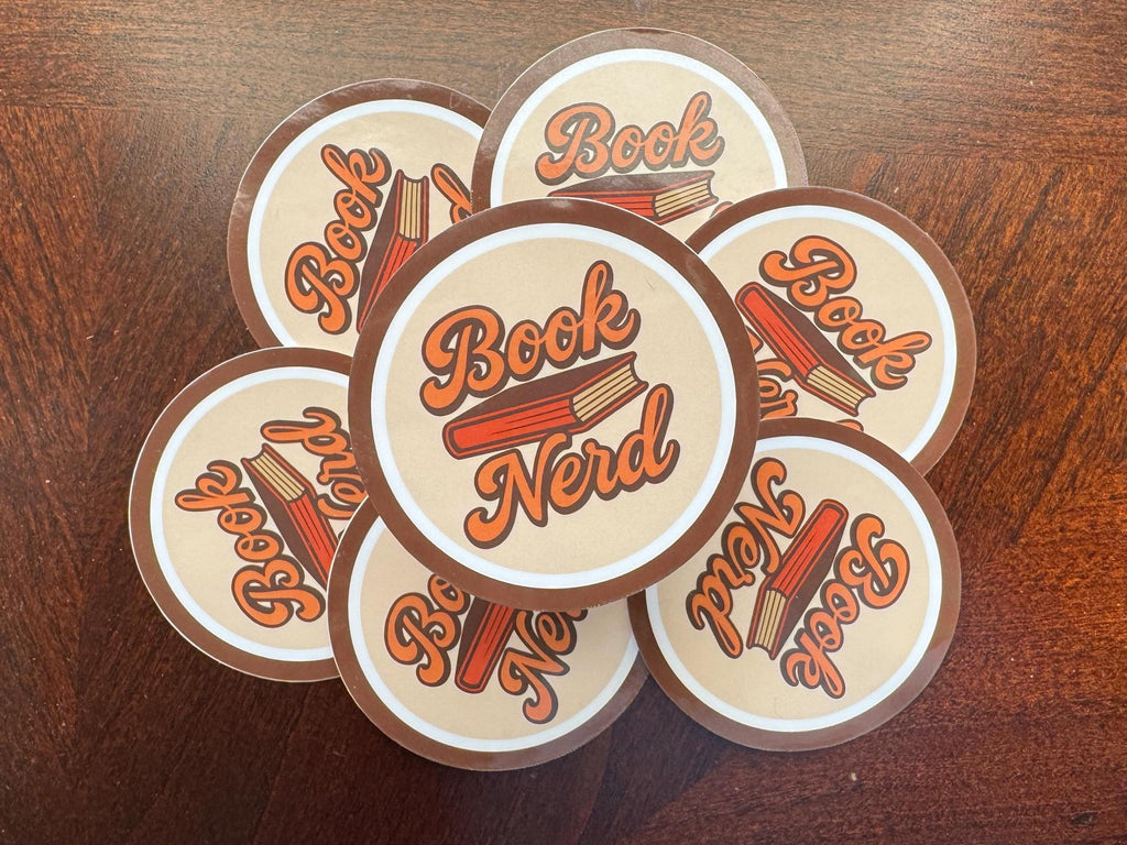 Cute Book Nerd vinyl sticker by Forcebuilder featuring a book lover design, perfect for laptops, journals, and water bottles.