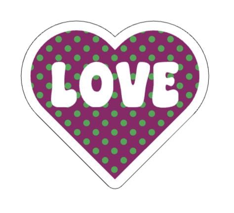 Polka dot LOVE heart sticker by Forcebuilder, retro vinyl decal for journals, laptops, and accessories, featuring cute polka dot design.