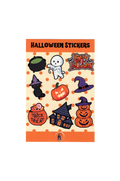 Pink pastel Halloween sticker sheet with orange spooky cute stickers featuring pumpkins, ghosts, and bats for planners and decor.