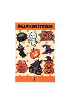 Pink pastel Halloween sticker sheet with orange spooky cute stickers featuring pumpkins, ghosts, and bats for planners and decor.