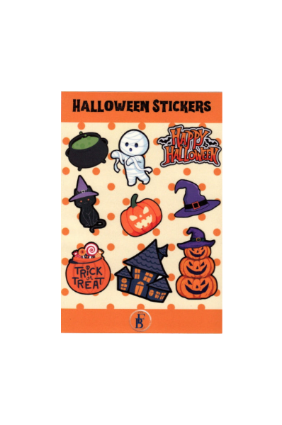 Pink pastel Halloween sticker sheet with orange spooky cute stickers featuring pumpkins, ghosts, and bats for planners and decor.