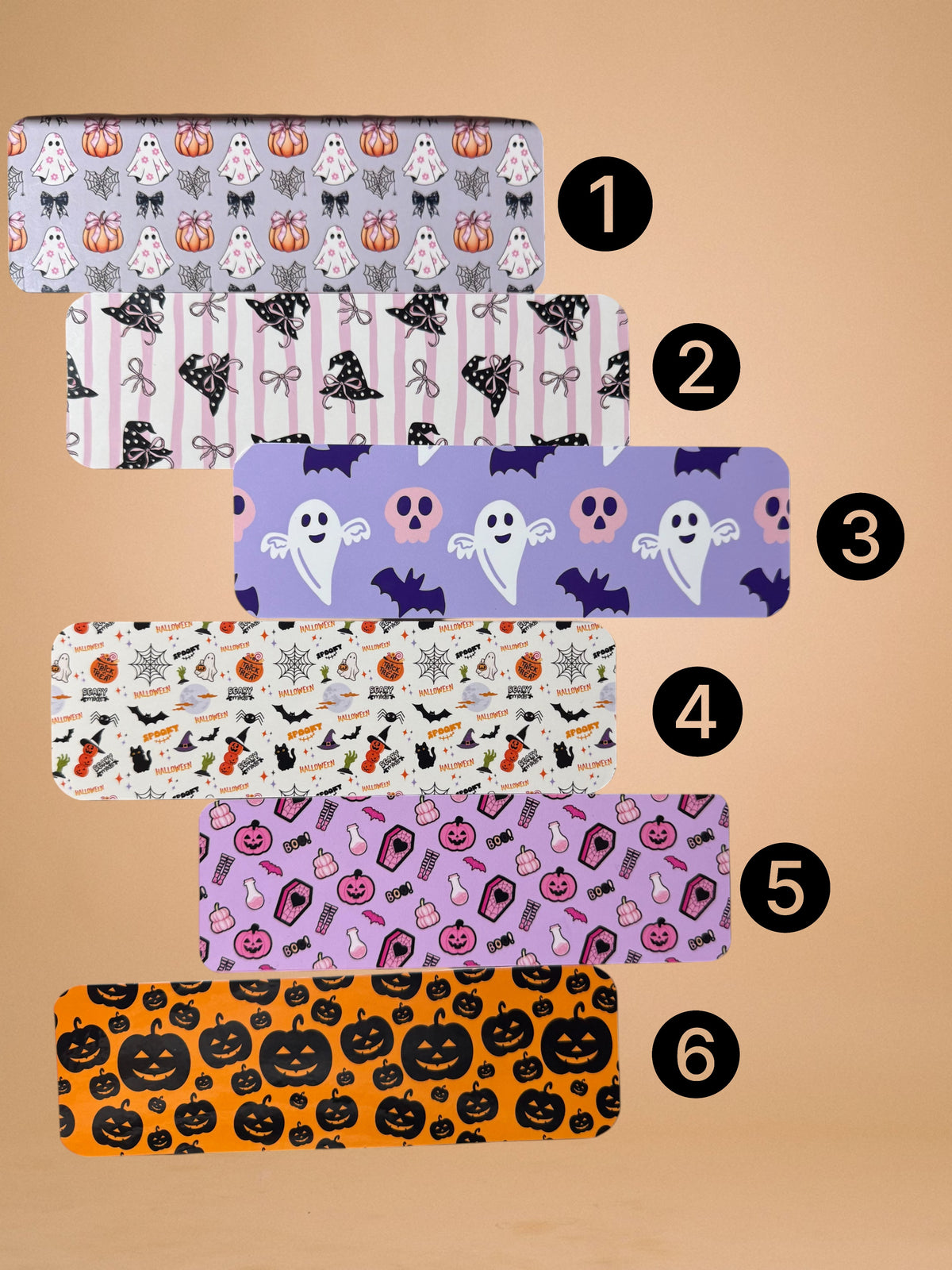 Forcebuilder Halloween bookmarks featuring ghost, pumpkin, and bat designs, displayed individually or as a set.