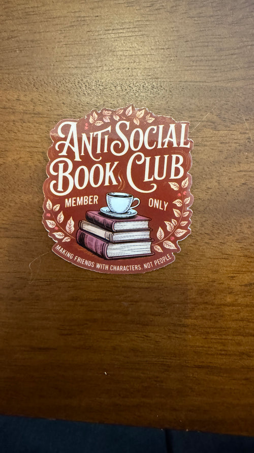 Forcebuilder Anti-Social Book Club sticker featuring bold black and white design with text, perfect for decorating notebooks or laptops.