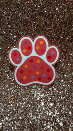 Colorful polka dot paw print sticker featuring cute animal design, waterproof and durable vinyl suitable for pet lovers.