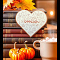 Bookish heart vinyl sticker by Forcebuilder featuring autumn-themed reading design, perfect for journals and book lover accessories.