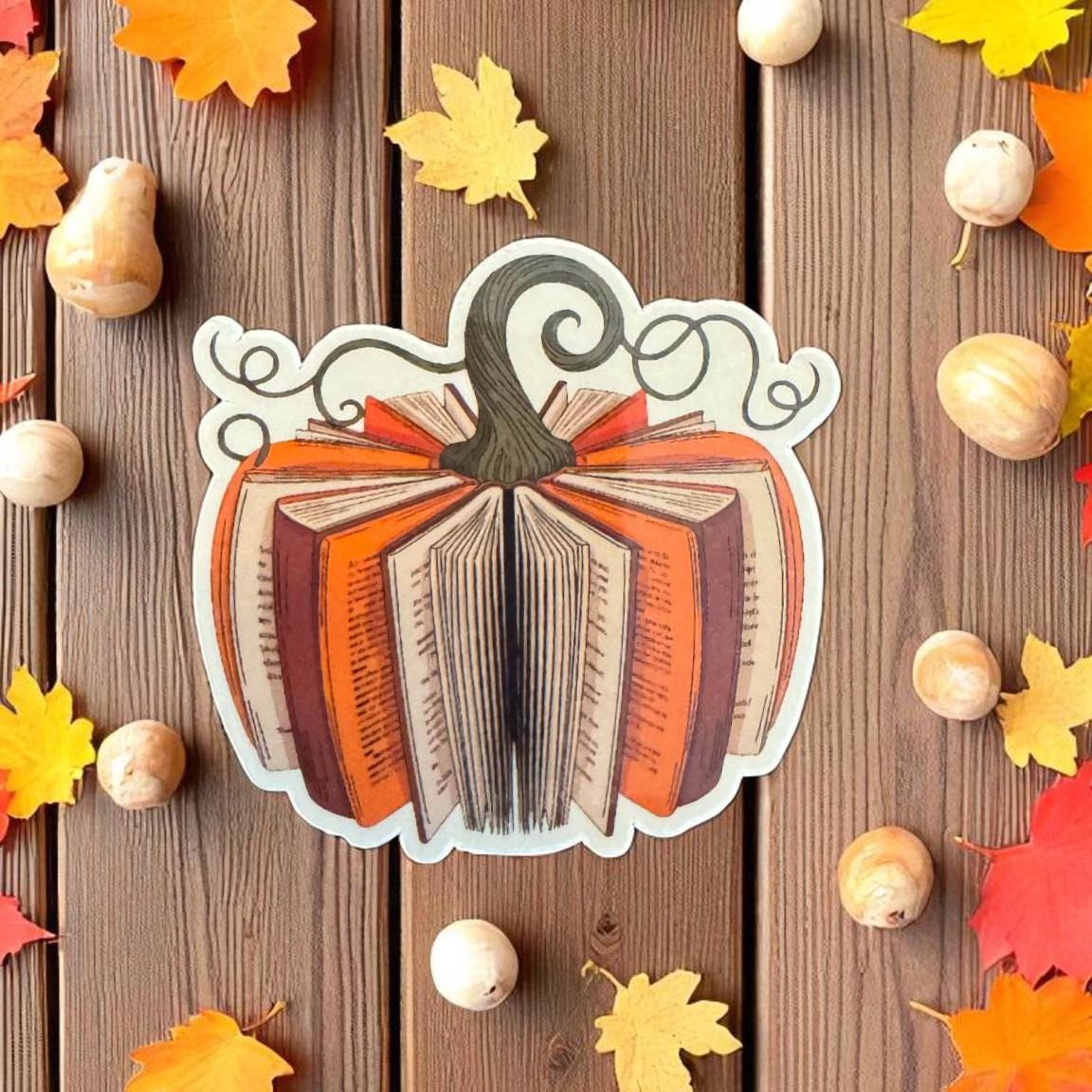 Pumpkin-themed book sticker from Forcebuilder featuring fall reading and cozy autumn journal design, perfect for decorating notebooks.