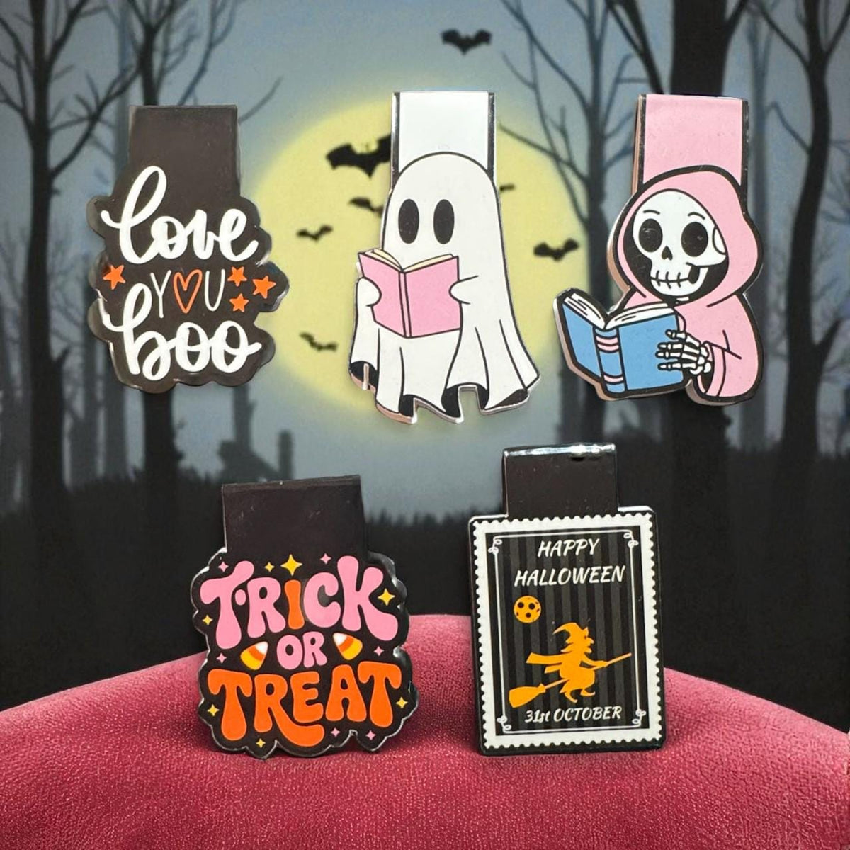 Forcebuilder Halloween bookmarks featuring ghost, pumpkin, and bat designs, shown in a set or individually, ideal for festive reading.