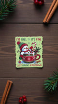 Waterproof melting snowman sticker with humorous Christmas design, die-cut decal by Forcebuilder for winter decor and mental health awareness.