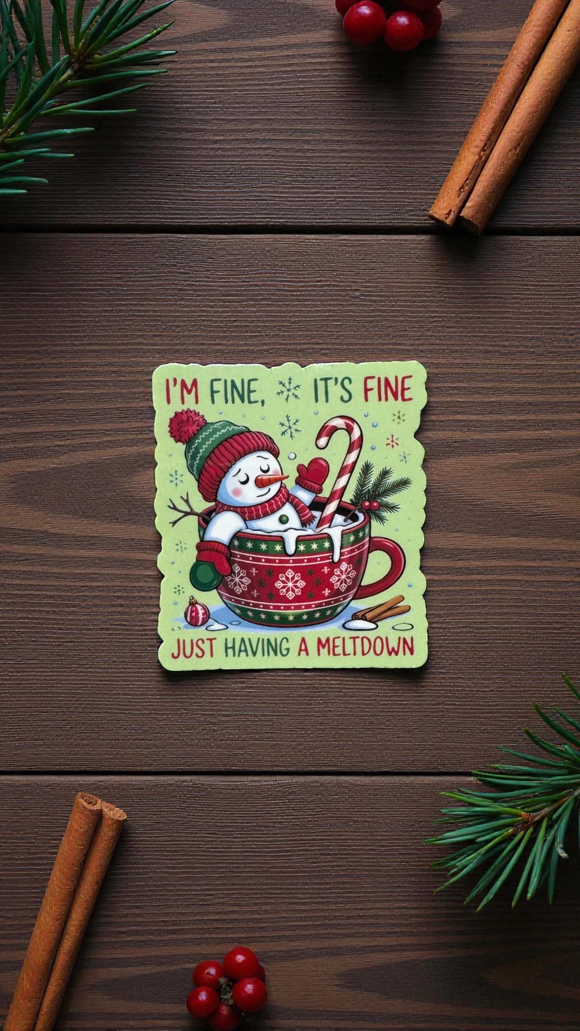 Waterproof melting snowman sticker with humorous Christmas design, die-cut decal by Forcebuilder for winter decor and mental health awareness.