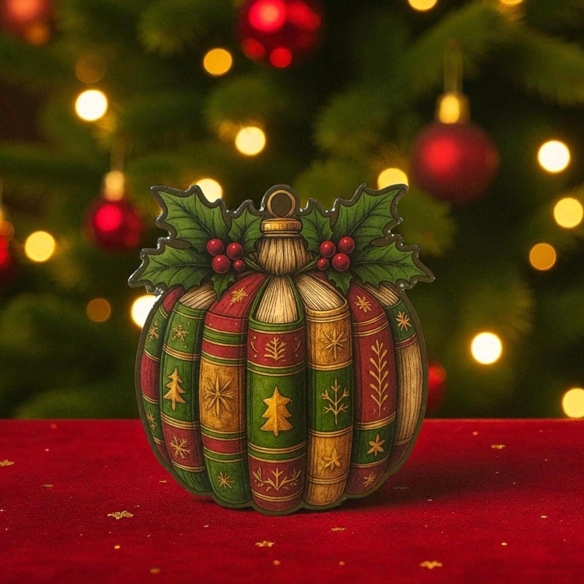 Forcebuilder book ornament sticker featuring a cozy reading theme, perfect as a bookish Christmas or librarian holiday decoration.