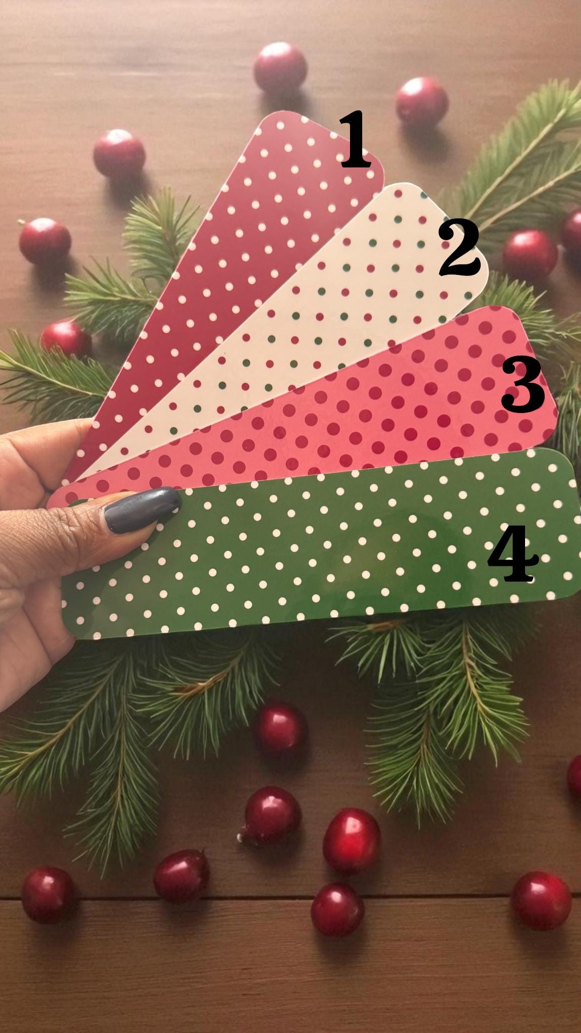 Set of four Forcebuilder polka dot bookmarks with colorful holiday-themed designs, perfect for marking pages during festive reading.