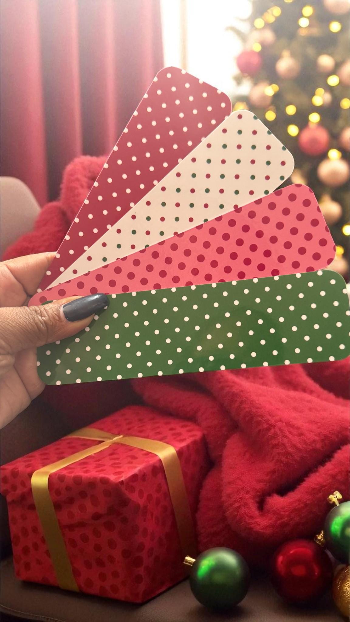 Set of four Forcebuilder polka dot bookmarks with colorful designs, perfect for holiday reading accessories.