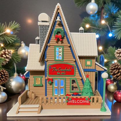 Personalized Family Christmas Cabin with LED Light | Custom Holiday House | Two Color Options | Cozy Winter Decor