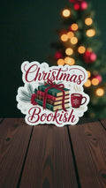 Christmas bookish sticker featuring cozy holiday book lover design on die-cut vinyl, perfect for winter reading enthusiasts.
