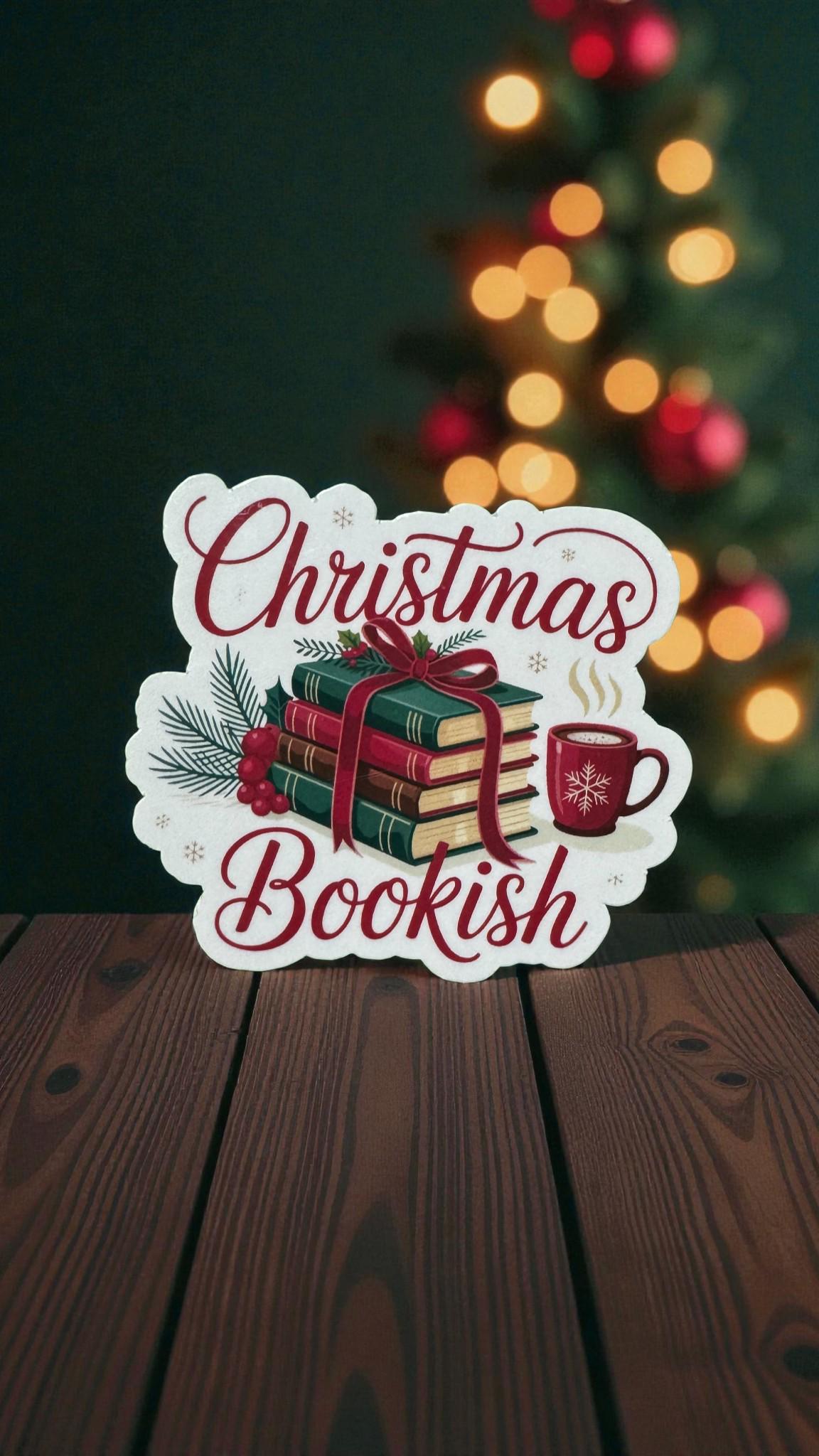 Christmas bookish sticker featuring cozy holiday book lover design on die-cut vinyl, perfect for winter reading enthusiasts.
