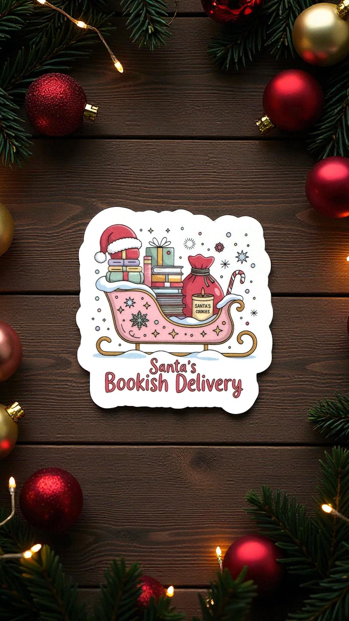 Santa’s Bookish Delivery Sticker by Forcebuilder featuring a Christmas book sleigh and festive holiday design on a vinyl sticker.