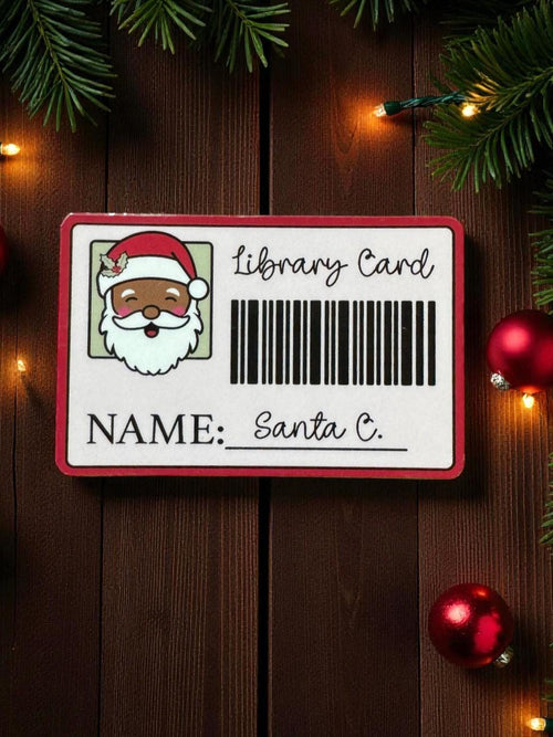 African American Santa library card sticker by Forcebuilder, featuring a cute Santa for book lovers and Christmas holiday decorating.