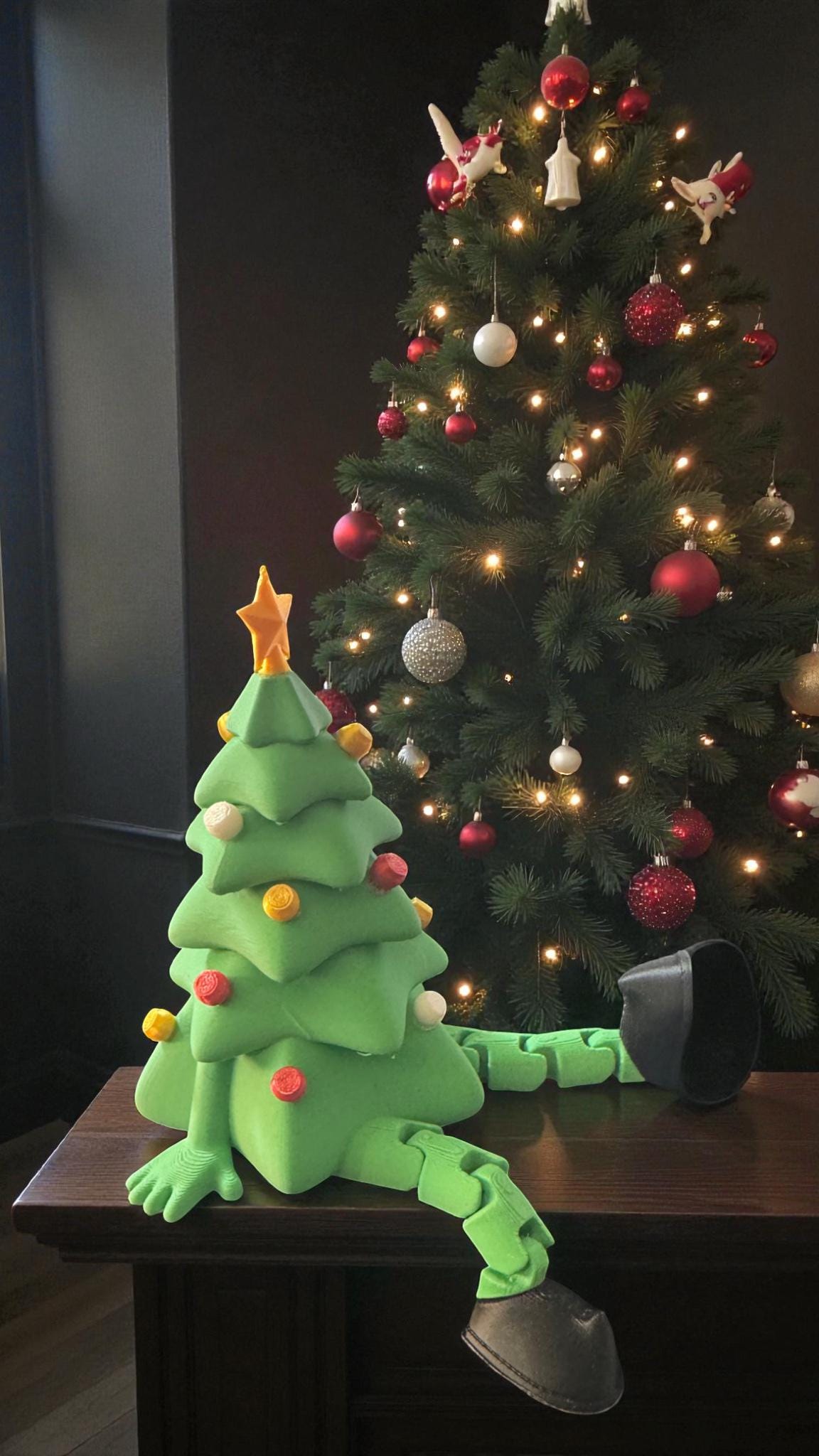 3D printed Christmas tree articulated figurine by Forcebuilder, holiday shelf sitter with festive design for mantle or gift ideas