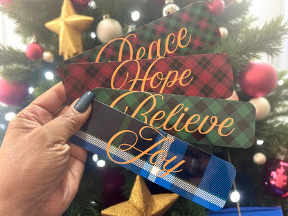 Holiday Plaid Bookmark Set – Peace, Hope, Believe, Joy | Christmas Double-Sided 2x7” Book Lover Gift | Cozy Bookish Stocking Stuffer
