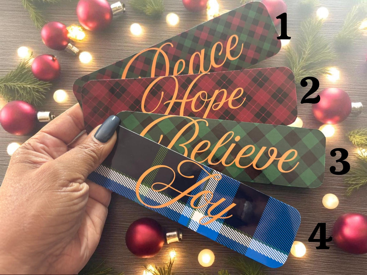 Forcebuilder holiday plaid bookmark set with peace, hope, believe, joy designs, double-sided, perfect for book lovers and stockings.