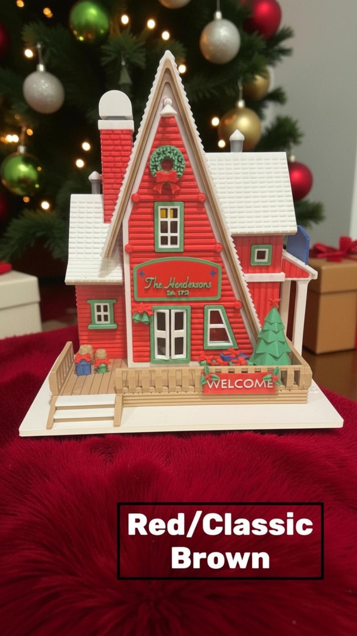 Custom personalized family Christmas cottage with LED lights, featuring four color options and cozy winter holiday decor.