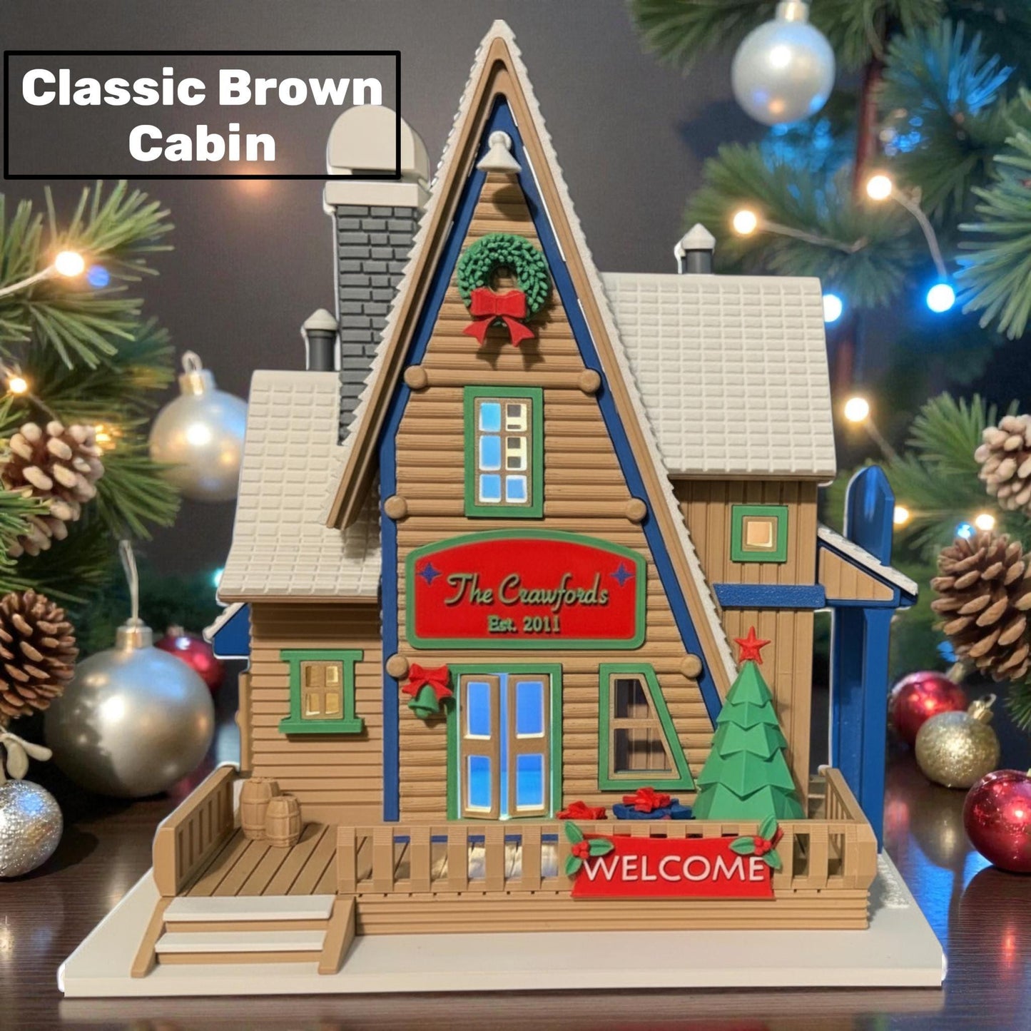 Custom Personalized Family Christmas Cabin with LED Light | Custom Holiday House | Four Color Options | Cozy Winter Decor