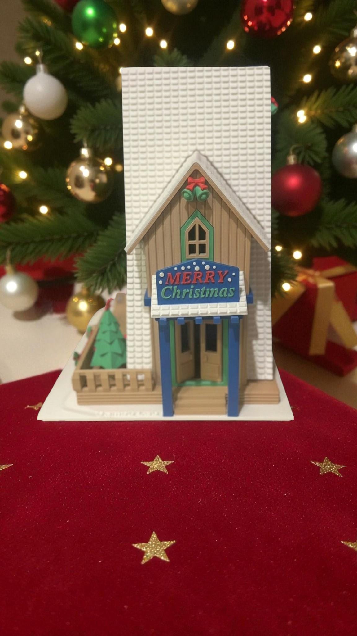 Custom family Christmas cottage by Forcebuilder with LED lights, cozy winter holiday decor, available in four color options.