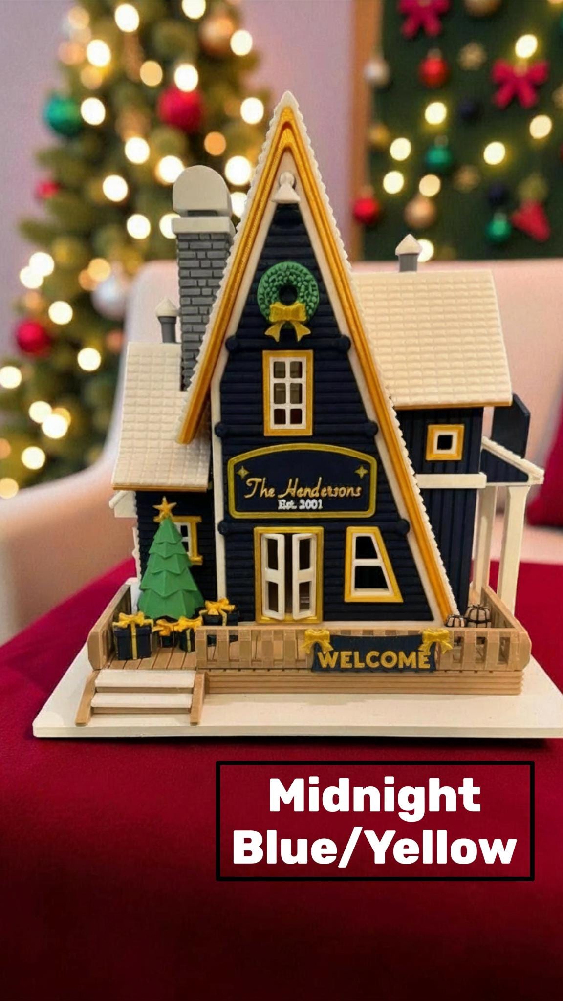 Custom Personalized Family Christmas Cabin with LED Light | Custom Holiday House | Four Color Options | Cozy Winter Decor