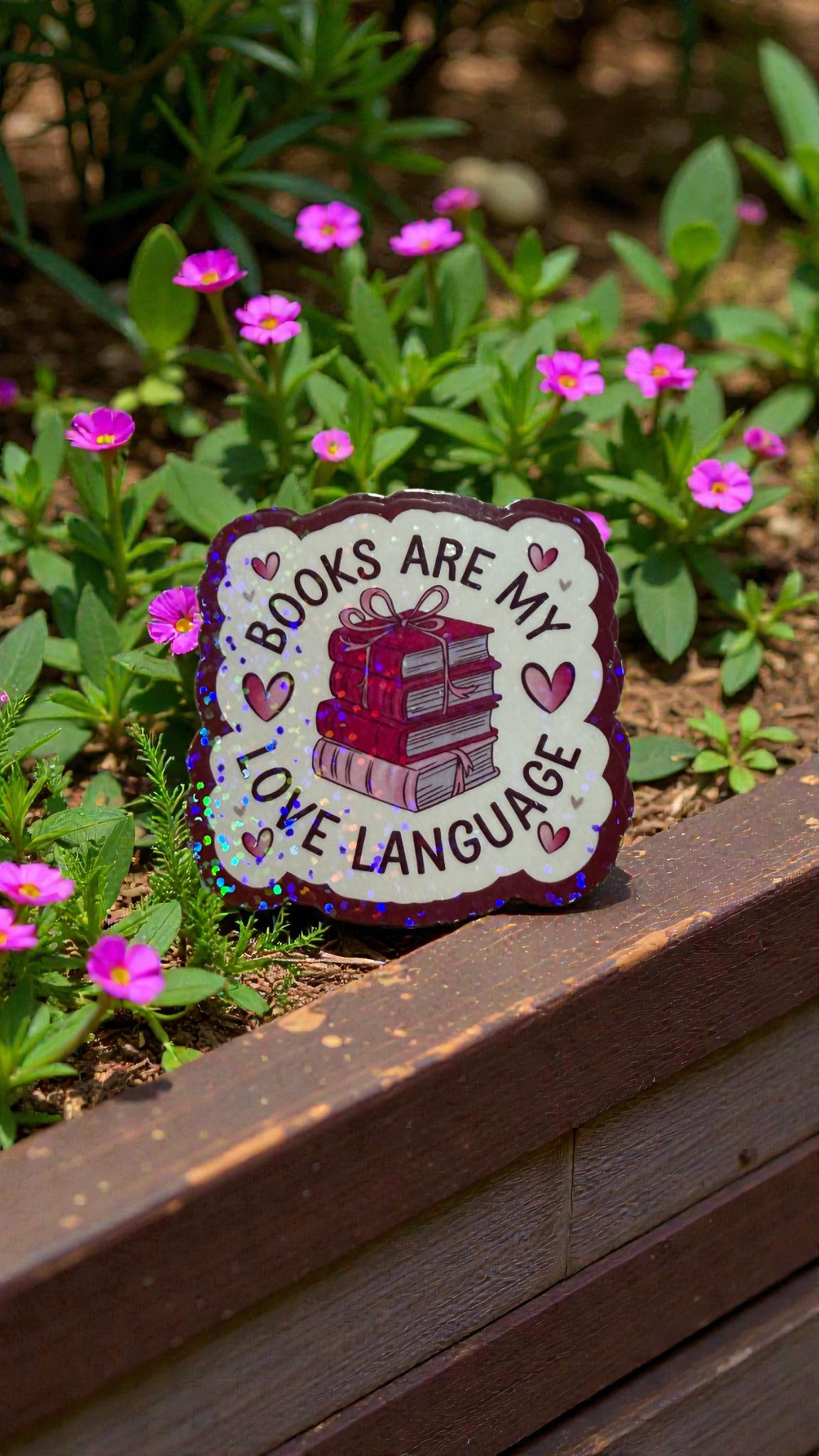Books Are My Love Language sticker by Forcebuilder featuring a cozy, bookish vinyl decal for literary lovers and readers.