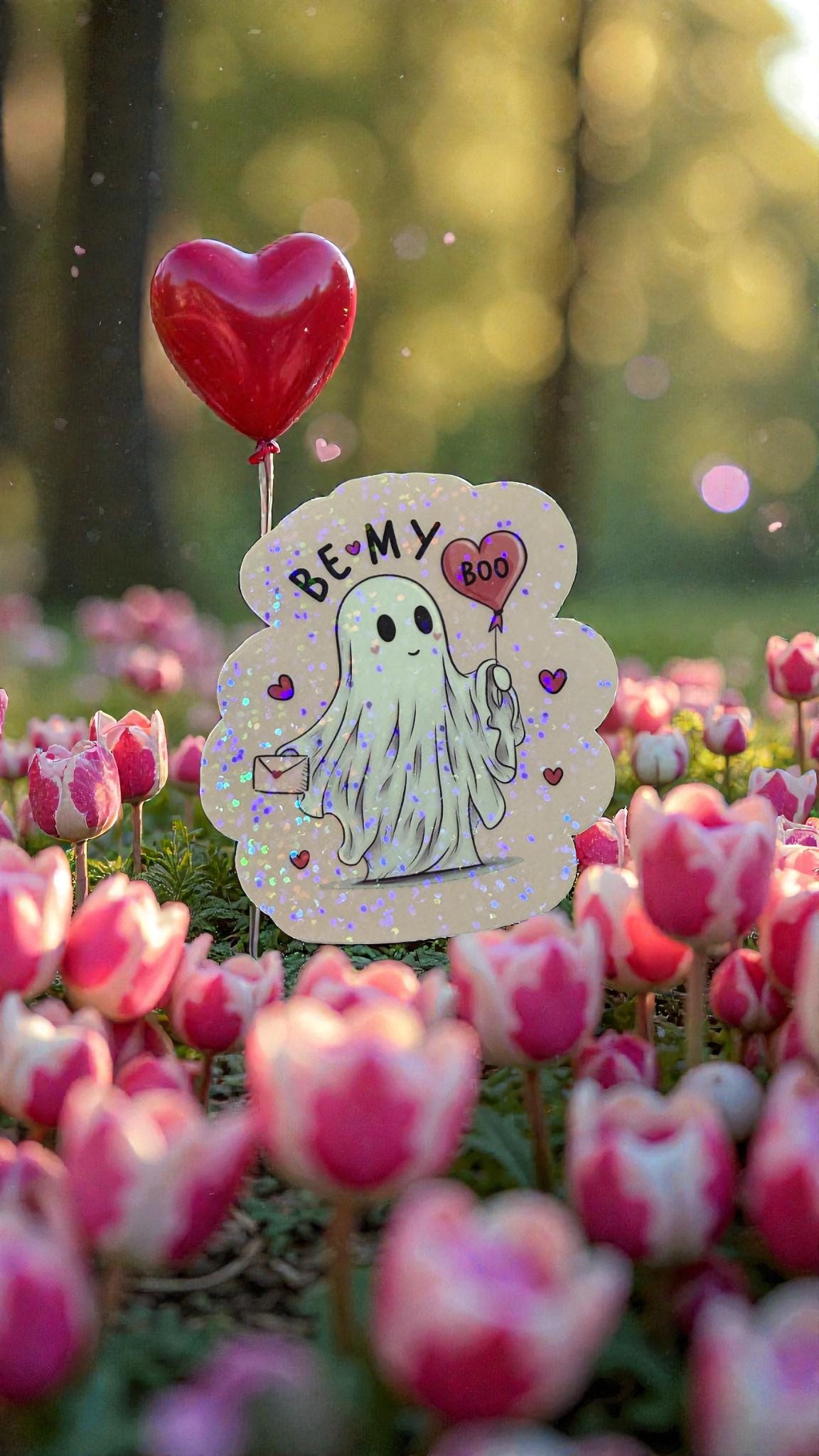 Holographic ghost sticker from Forcebuilder featuring a cute Valentine ghost design, perfect for decorating or crafting.