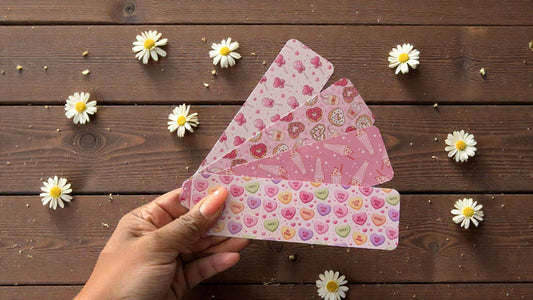 Set of cute pink Valentine bookmarks featuring candy hearts and sweet treats, perfect for book lovers and reading accessories.