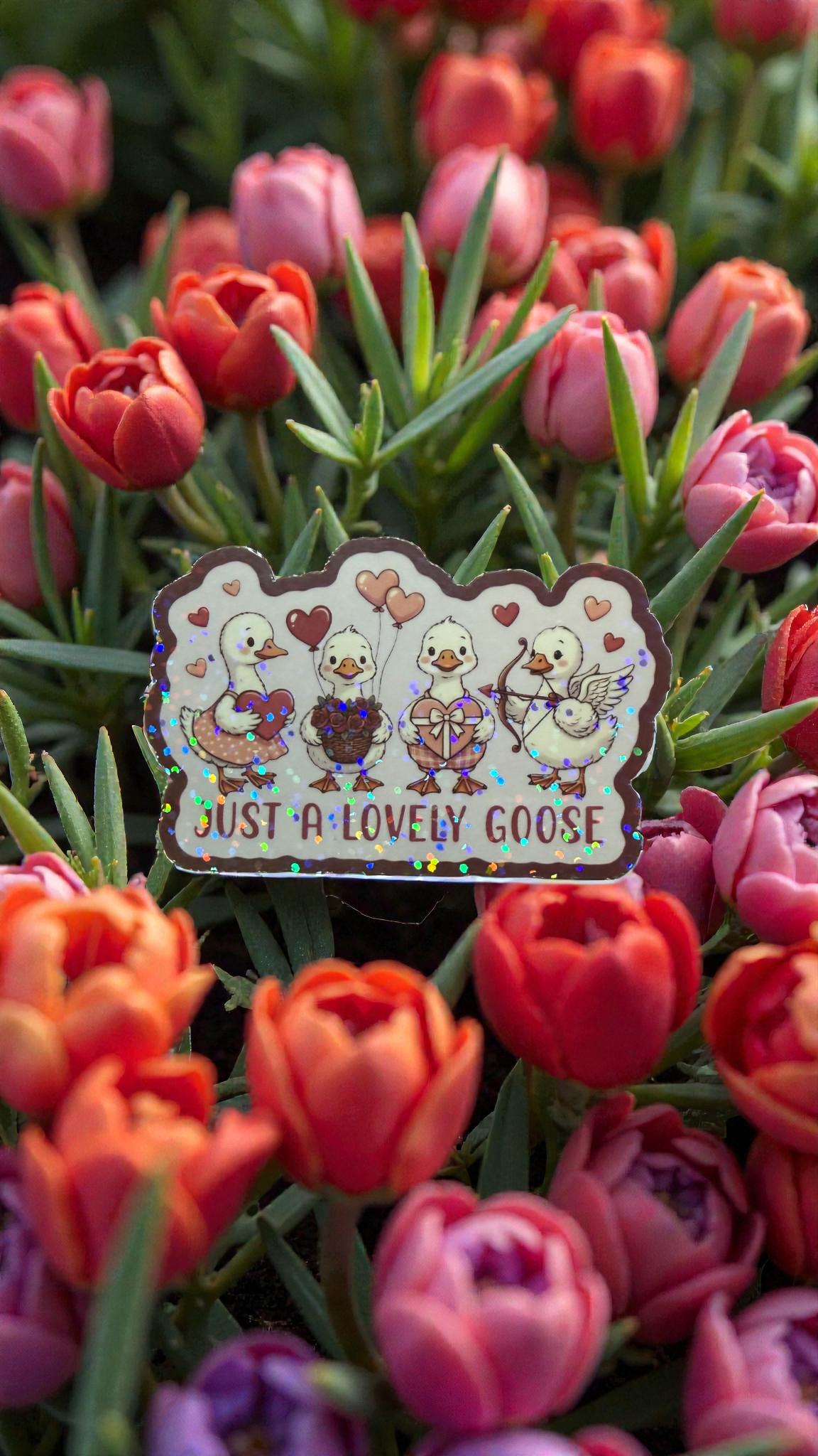 Holographic vinyl sticker featuring a cute goose design, perfect for cottagecore aesthetic and whimsical animal decoration.