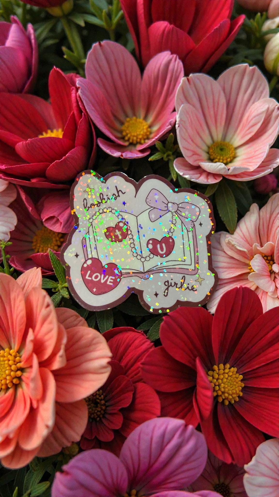 Holographic Bookish Love sticker featuring romance book design, perfect for Kindle or laptop decoration, by Forcebuilder